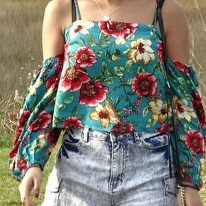 Blue floral off the shoulder shirt with straps